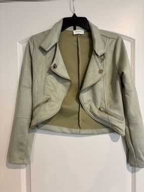 Blu Pepper Sage Green Faux Suede Cropped Moto Jacket